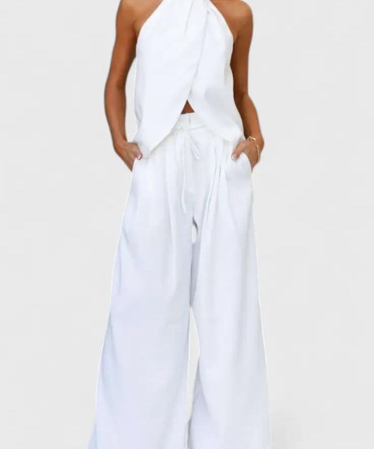 Bernadina Conjunto de Lino con Top de Abertura Frontal y Pantalón de Pierna Ancha Alba Madrid