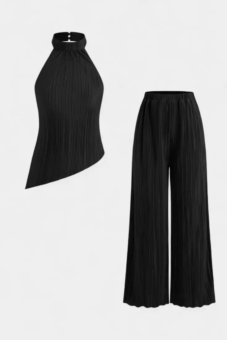 Pilarica Conjunto Plisado con Top Asimétrico Halter y Pantalón Fluido Alba Madrid