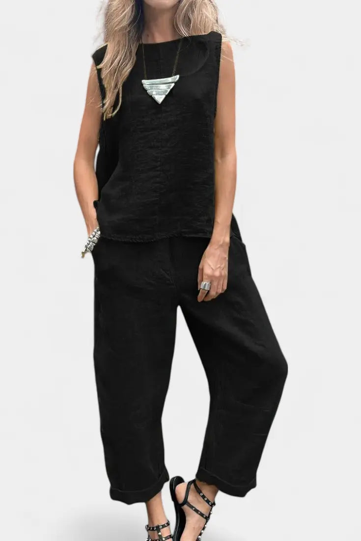 Leona Conjunto de Chaleco y Pantalón Sin Mangas en Algodón Lino Alba Madrid