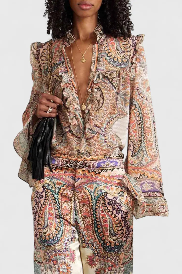 Finely Conjunto con Blusa de Volantes y Estampado Vintage Paisley Alba Madrid