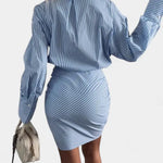 Cynthia Vestido Camisero Mini a Rayas con Pliegues y Botones Alba Madrid