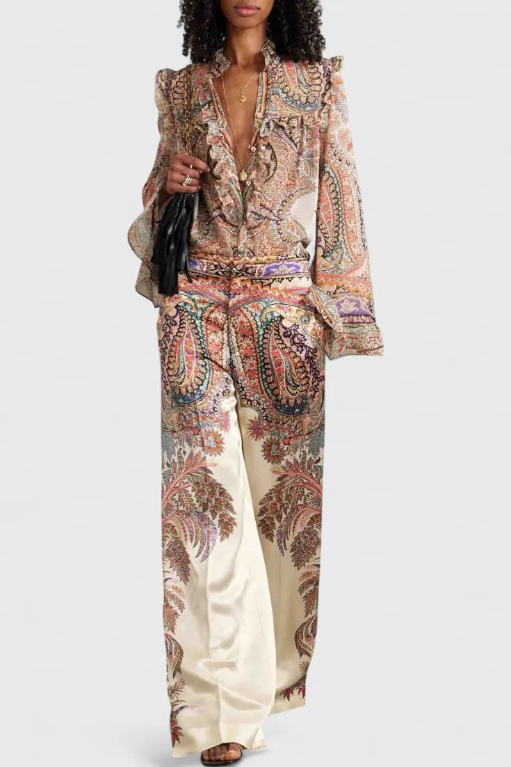 Finely Conjunto con Blusa de Volantes y Estampado Vintage Paisley Alba Madrid