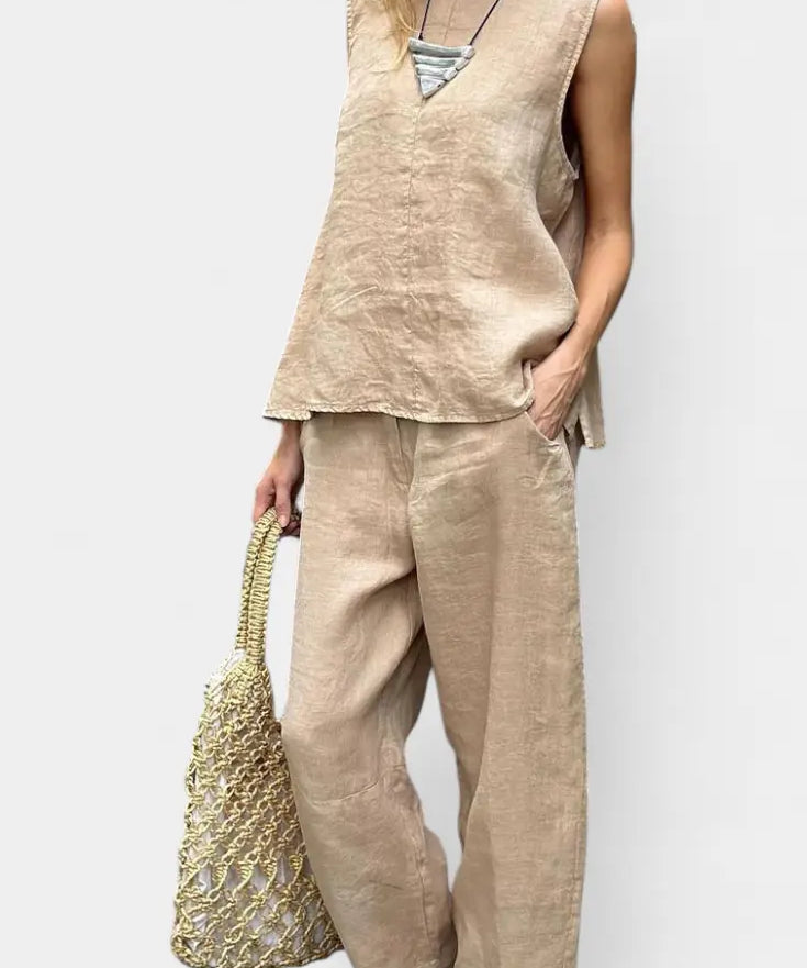 Leona Conjunto de Chaleco y Pantalón Sin Mangas en Algodón Lino Alba Madrid