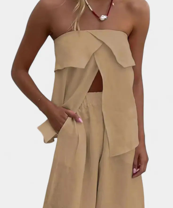 Oriana Conjunto Strapless con Falda de Abertura en Color Liso Alba Madrid