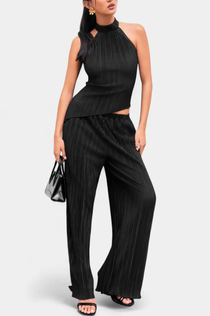 Pilarica Conjunto Plisado con Top Asimétrico Halter y Pantalón Fluido Alba Madrid