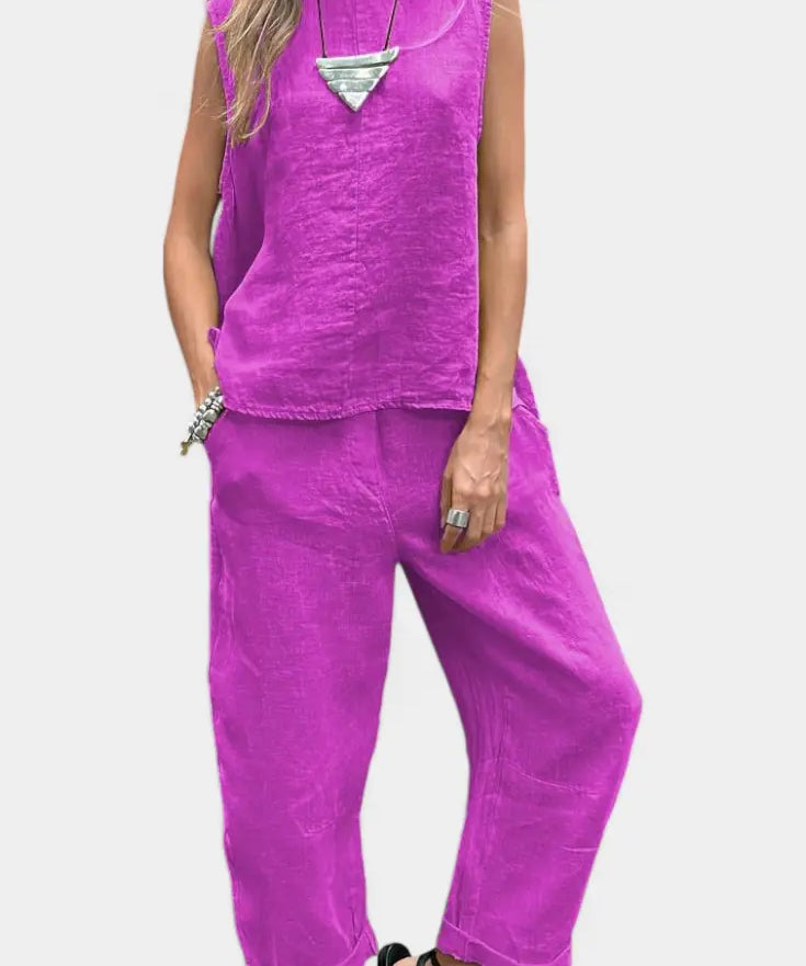 Leona Conjunto de Chaleco y Pantalón Sin Mangas en Algodón Lino Alba Madrid