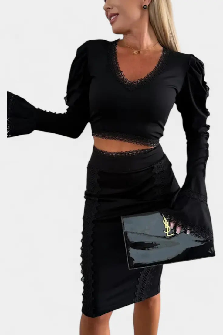 Minerva Conjunto Elegante de Top con Encaje y Falda de Cintura Alta Alba Madrid