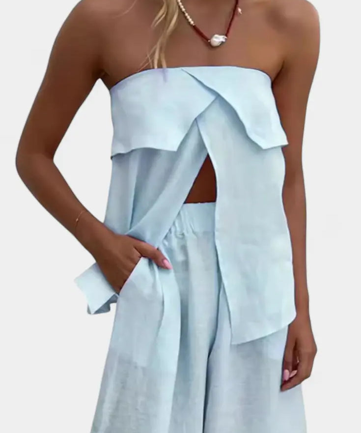Oriana Conjunto Strapless con Falda de Abertura en Color Liso Alba Madrid