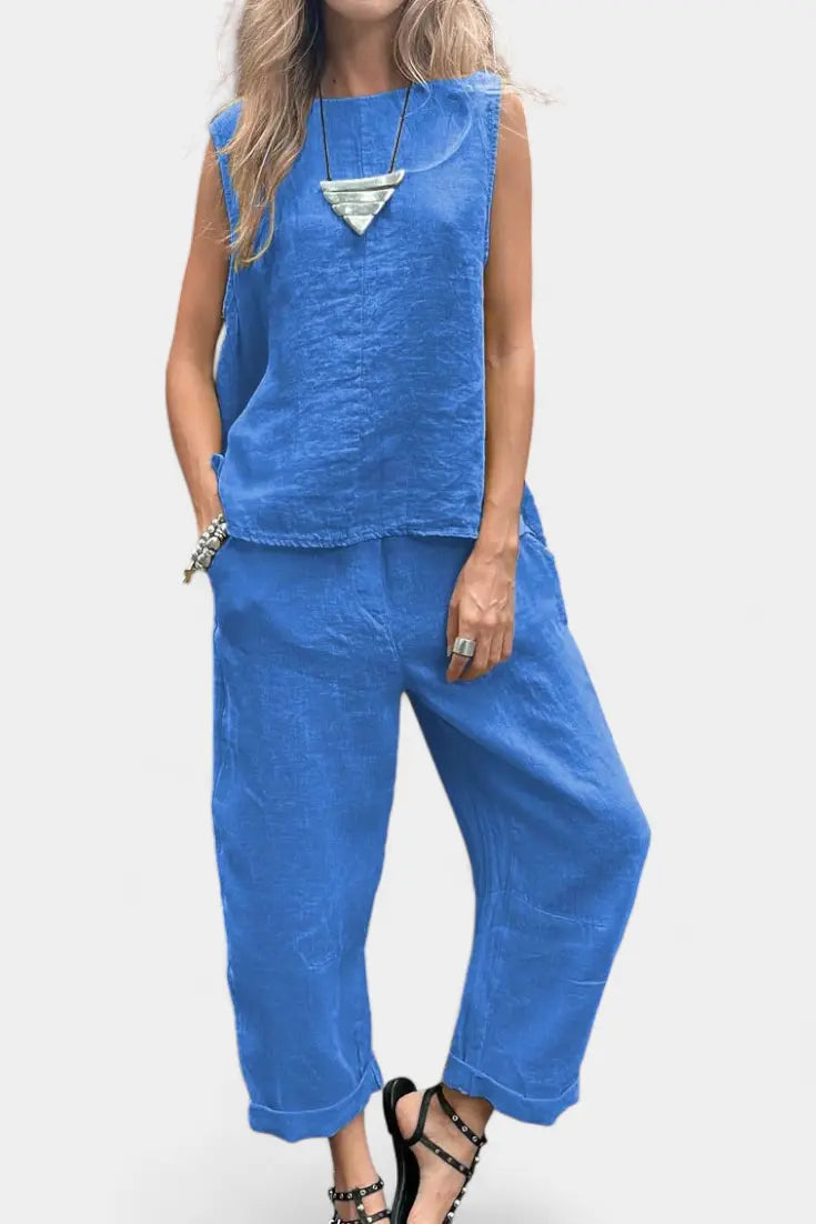 Leona Conjunto de Chaleco y Pantalón Sin Mangas en Algodón Lino Alba Madrid