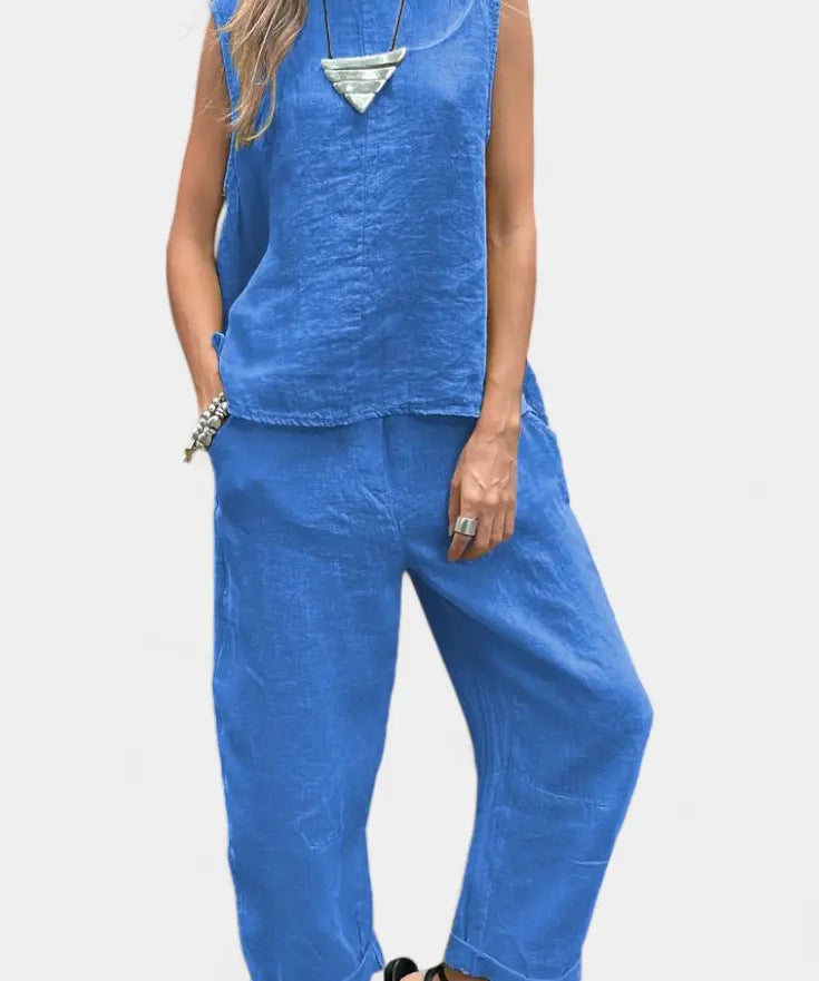 Leona Conjunto de Chaleco y Pantalón Sin Mangas en Algodón Lino Alba Madrid