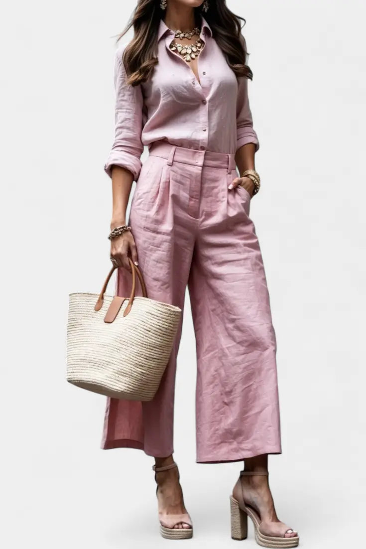 Sabina Conjunto Rosa de Camisa Suelta y Pantalones Capri Alba Madrid
