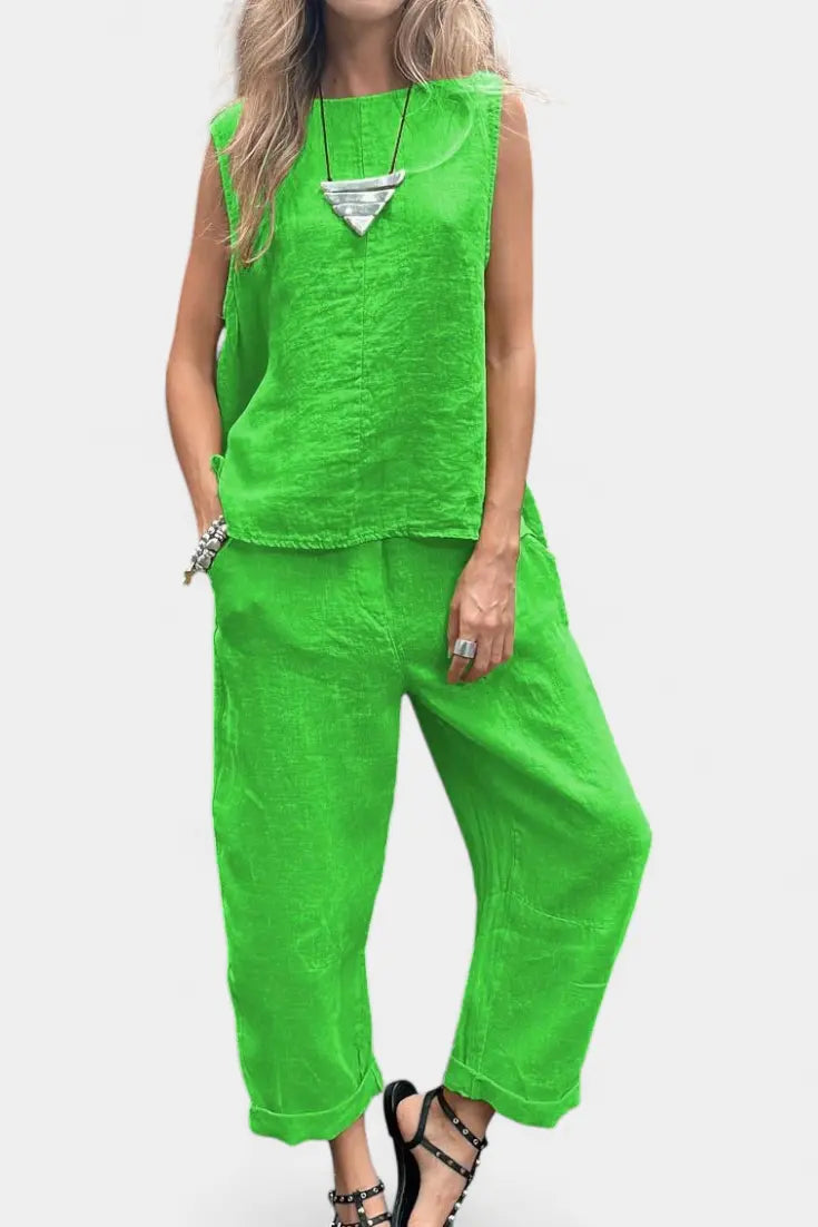 Leona Conjunto de Chaleco y Pantalón Sin Mangas en Algodón Lino Alba Madrid