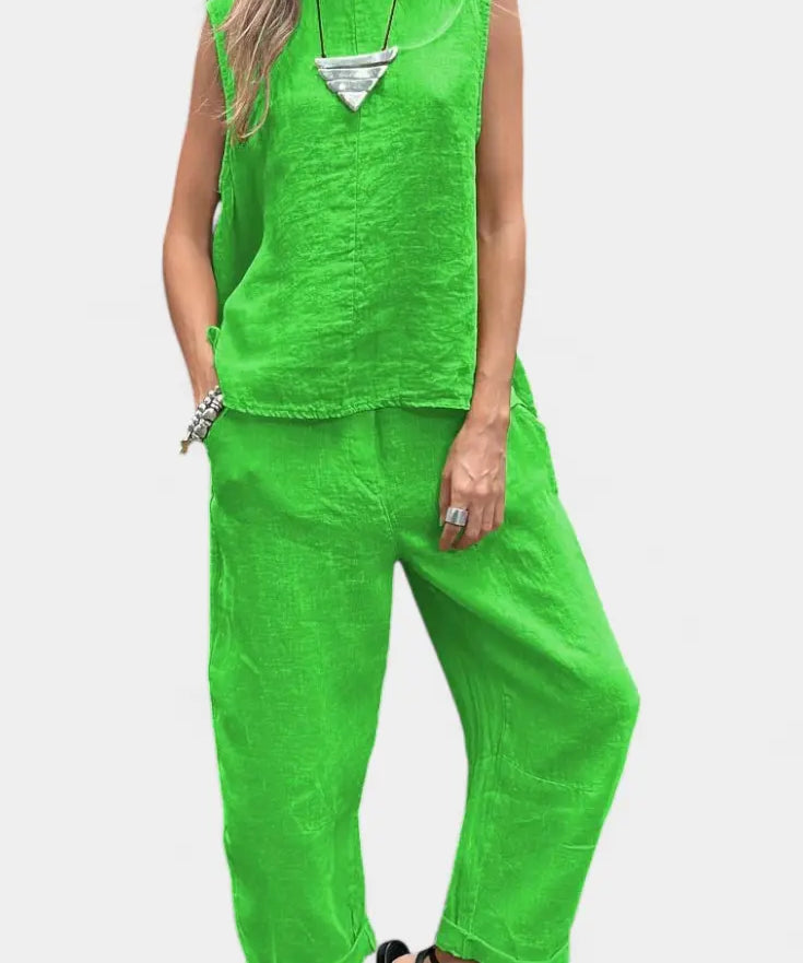 Leona Conjunto de Chaleco y Pantalón Sin Mangas en Algodón Lino Alba Madrid