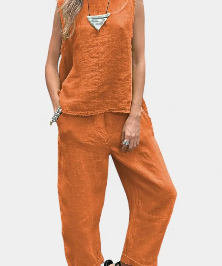 Leona Conjunto de Chaleco y Pantalón Sin Mangas en Algodón Lino Alba Madrid