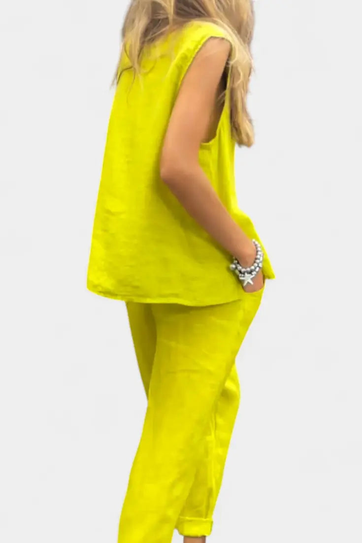 Leona Conjunto de Chaleco y Pantalón Sin Mangas en Algodón Lino Alba Madrid