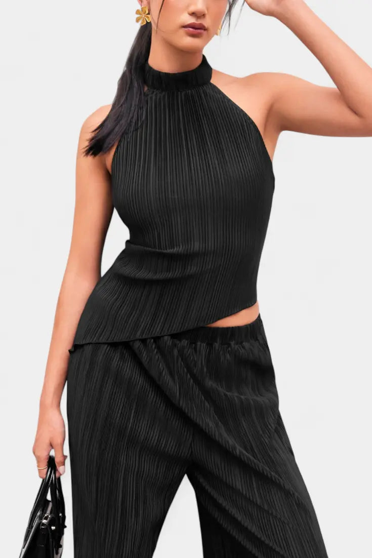 Pilarica Conjunto Plisado con Top Asimétrico Halter y Pantalón Fluido Alba Madrid