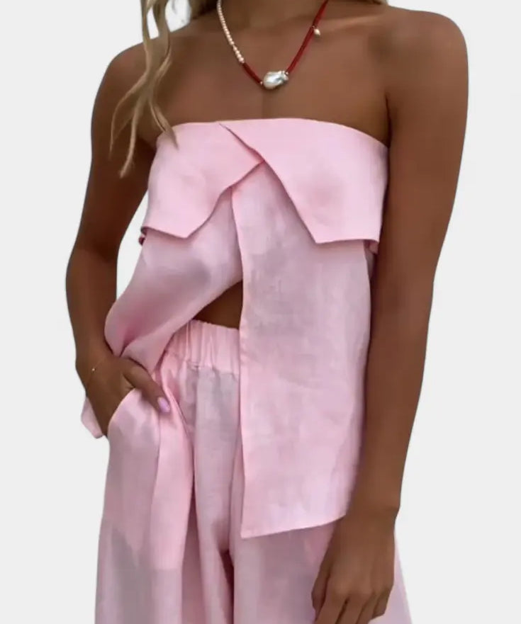 Oriana Conjunto Strapless con Falda de Abertura en Color Liso Alba Madrid