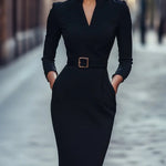 Nora | Vestido Negro con Cinturón y Cuello Mandarin Alba Madrid