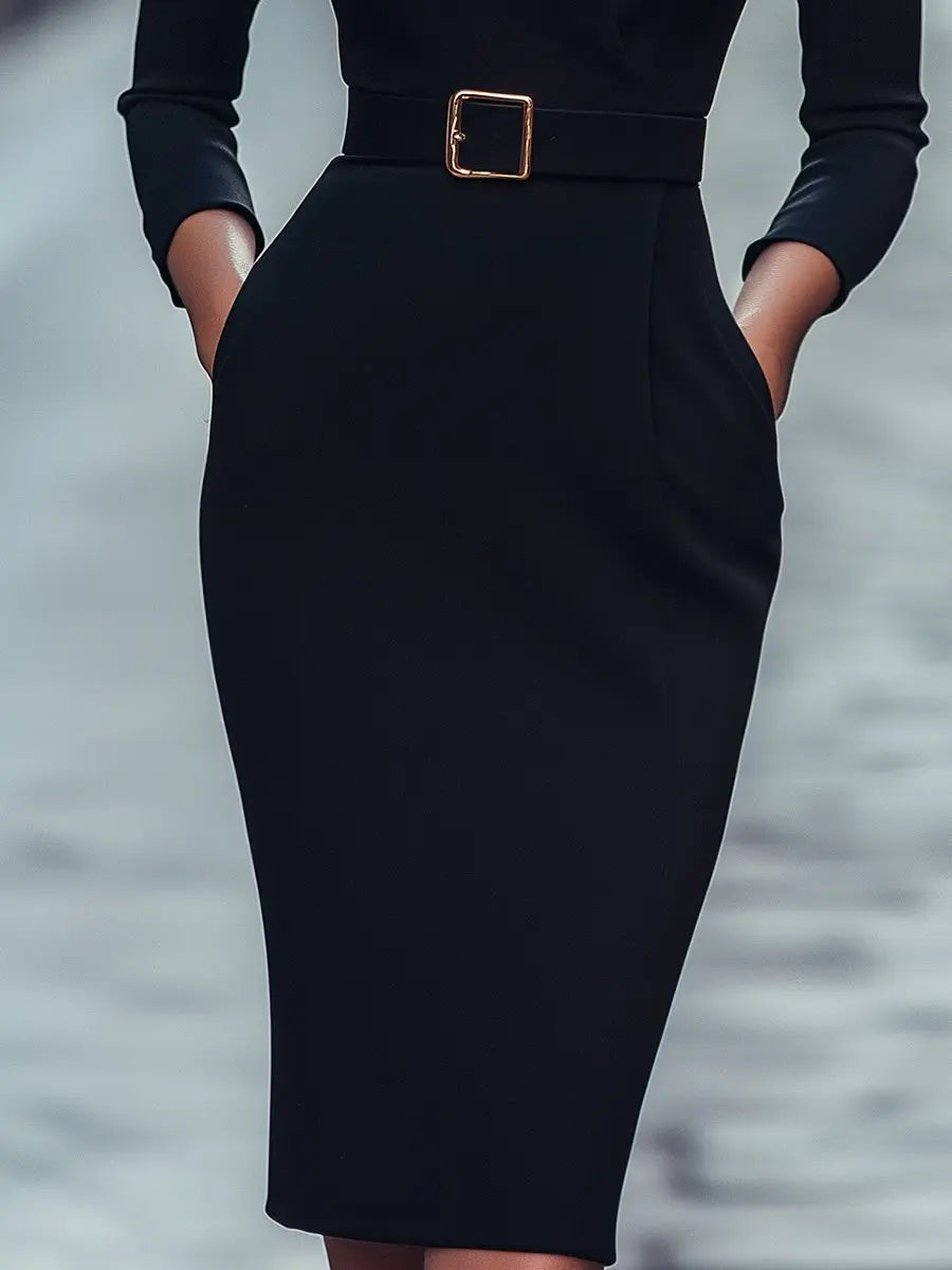 Nora | Vestido Negro con Cinturón y Cuello Mandarin Alba Madrid