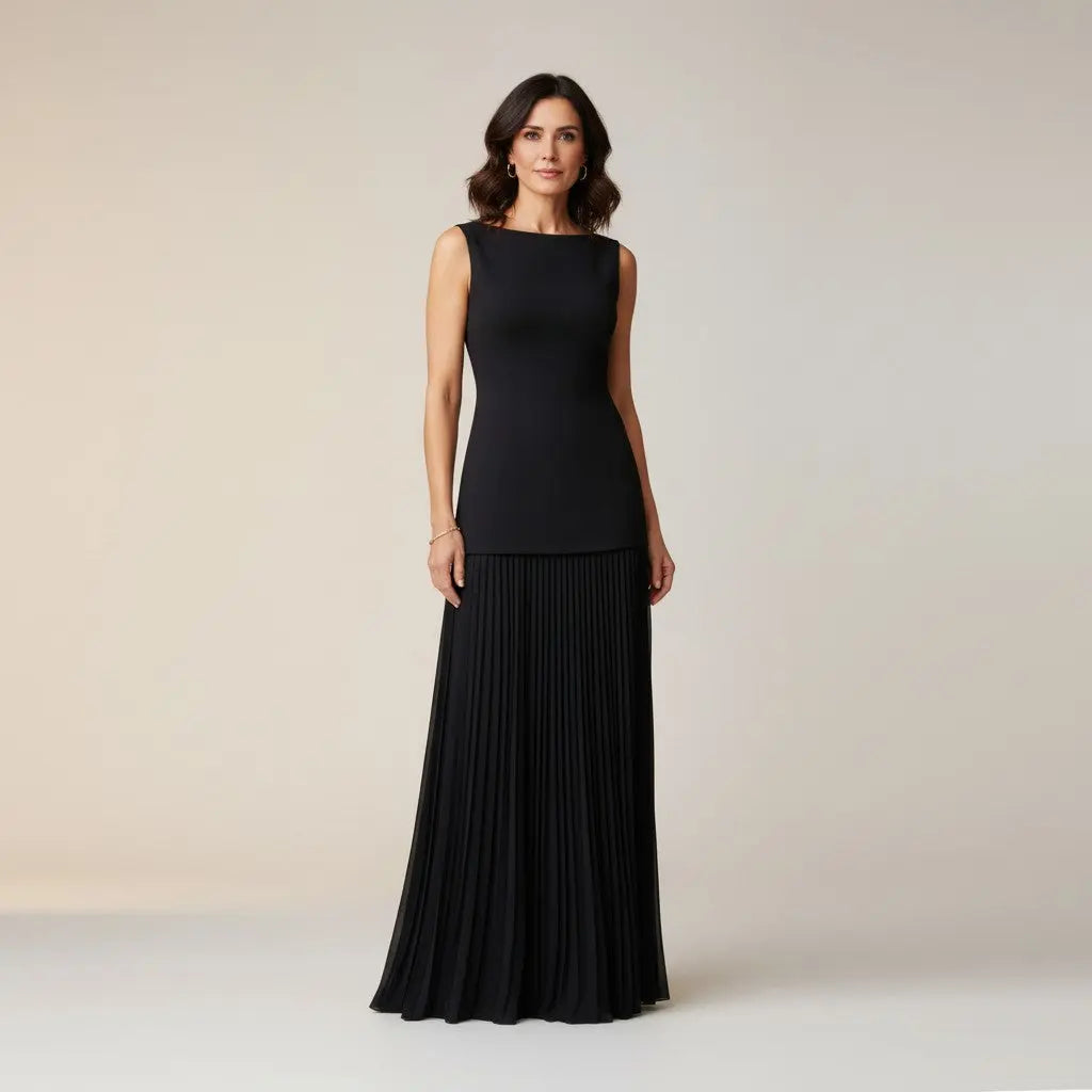 Claudia - Vestido largo sin mangas con detalles de pliegues Alba Madrid