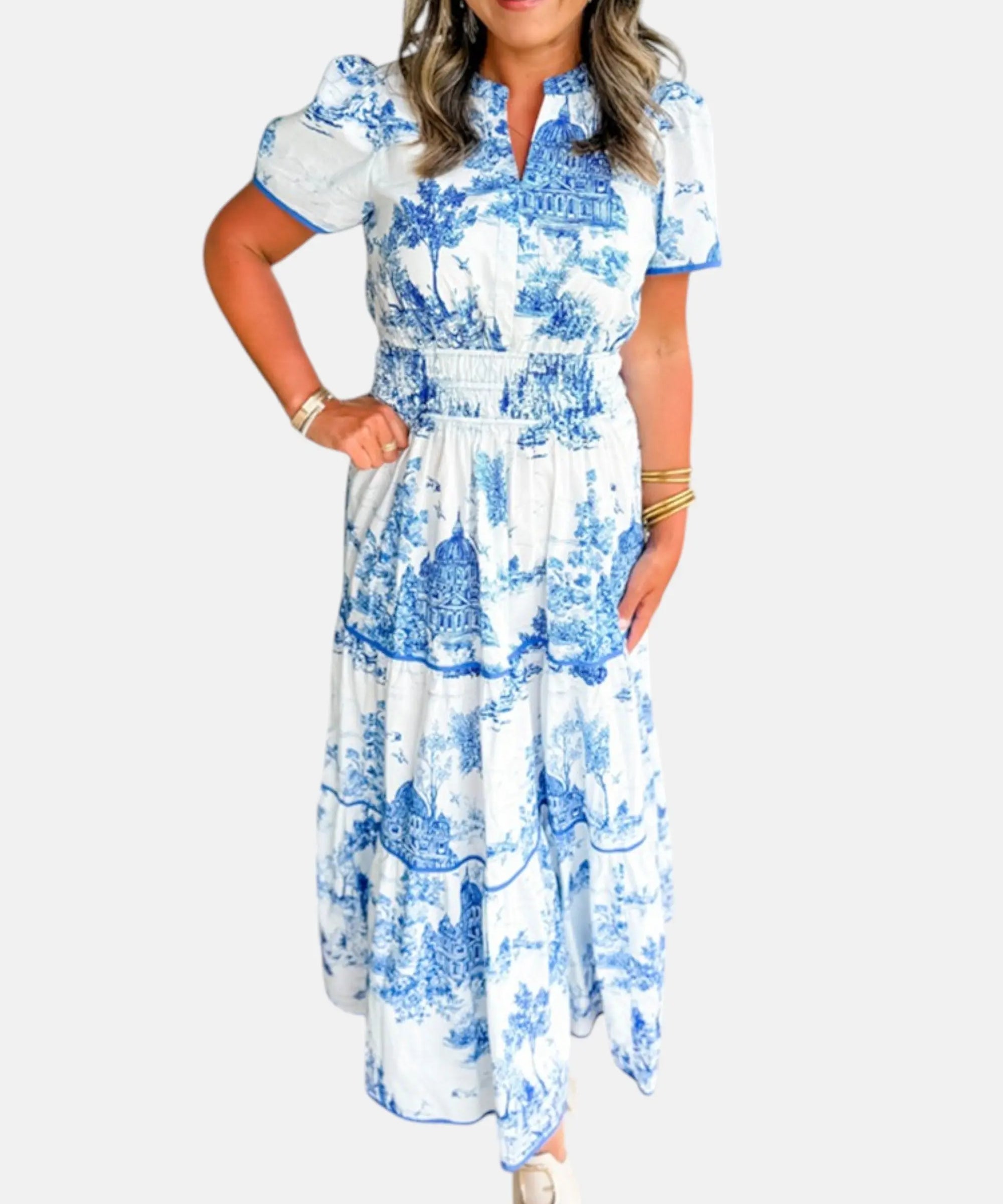 Alejandra - Vestido Largo Clásico con Estampado Toile Alba Madrid