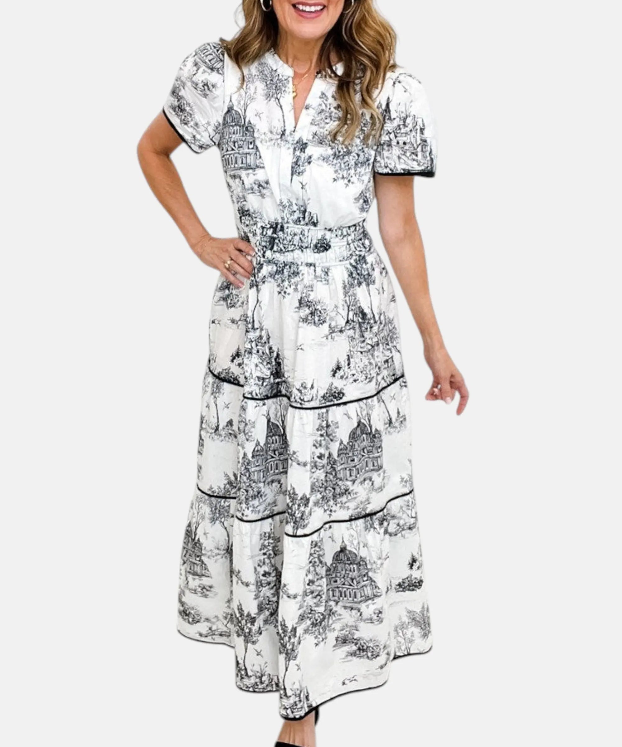 Alejandra - Vestido Largo Clásico con Estampado Toile Alba Madrid