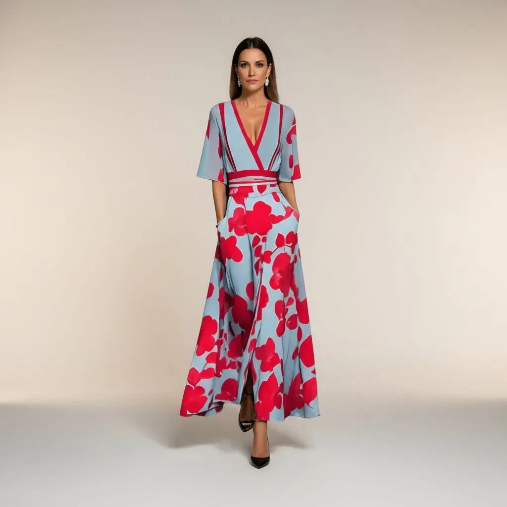 Marina - Vestido Largo con Estampado y Cuello en V Elegante Alba Madrid