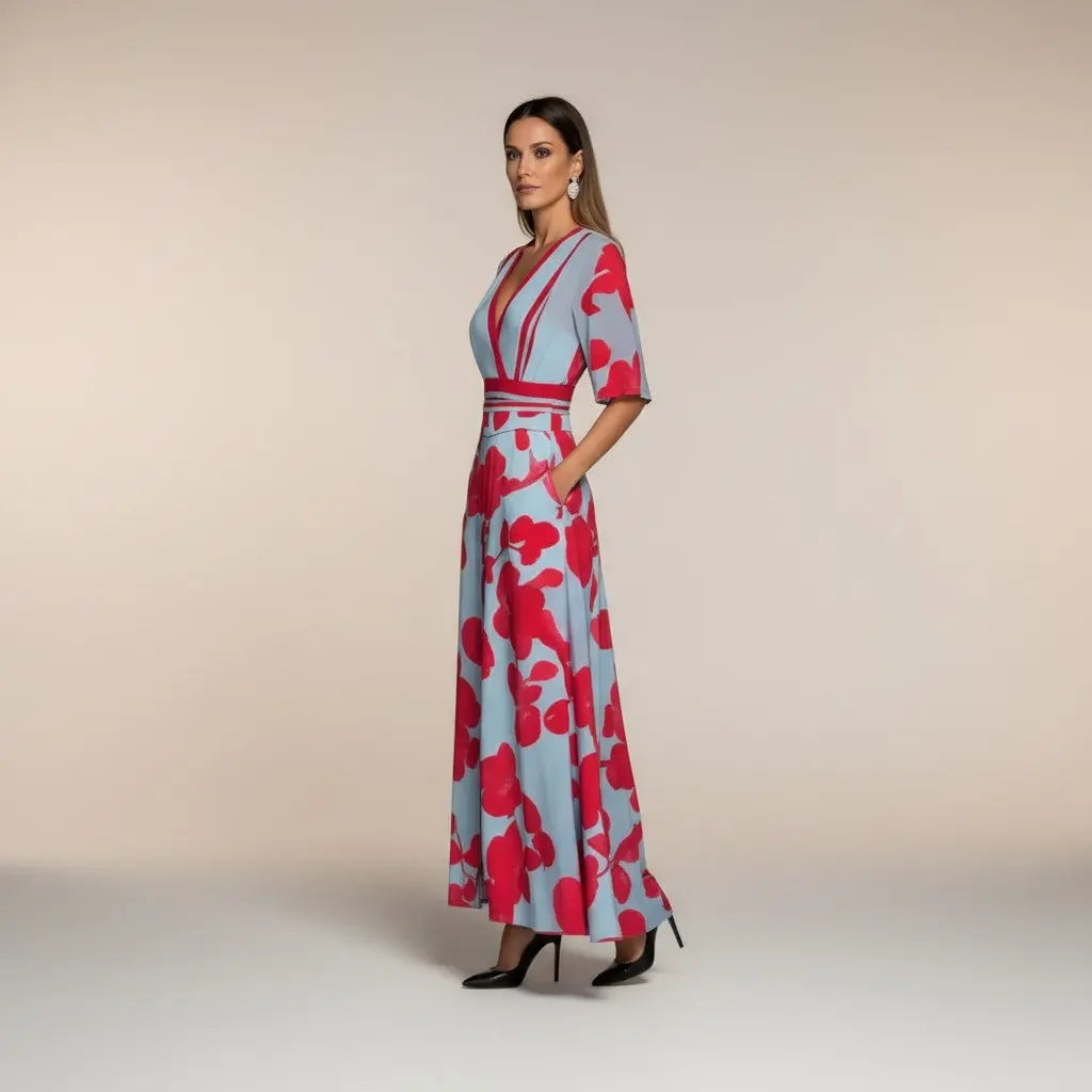 Marina - Vestido Largo con Estampado y Cuello en V Elegante Alba Madrid